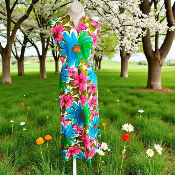 Alice Polynesian Fashions Bold Daisy Floral Maxi Dress Barkcloth Look - Picture 1 of 9